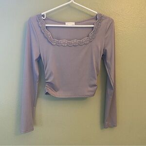 Lace-Trim Long Sleeve Cropped Top - Silver/Grey